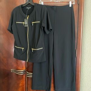 Two piece black wrinkle resistant double knit set.